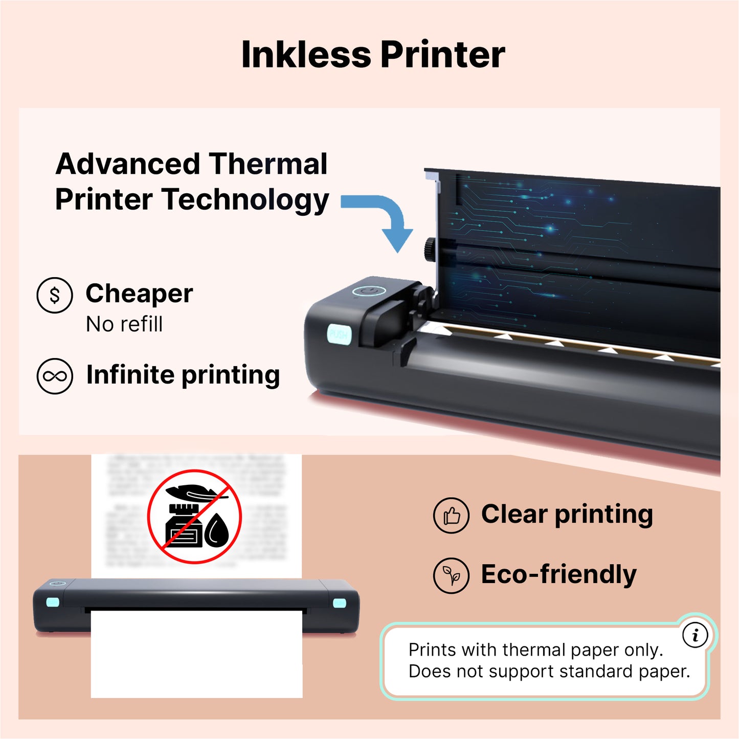 Portable A4 Thermal Printer - Wireless, Ink-Free, with 110 Sheets & Carrying Bag