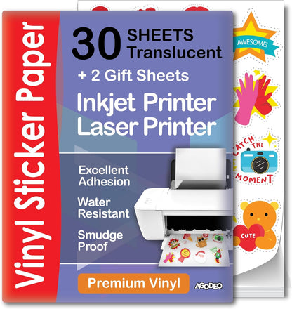 Premium Printable Vinyl Sticker Paper for Inkjet Printer - Translucent - US Letter Size