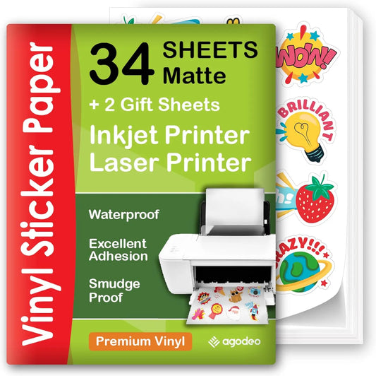 Premium Printable Vinyl Sticker Paper for Inkjet Printer - Matte - US Letter Size Agodeo