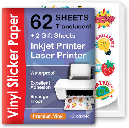 Premium Printable Vinyl Sticker Paper for Inkjet Printer - Translucent - US Letter Size