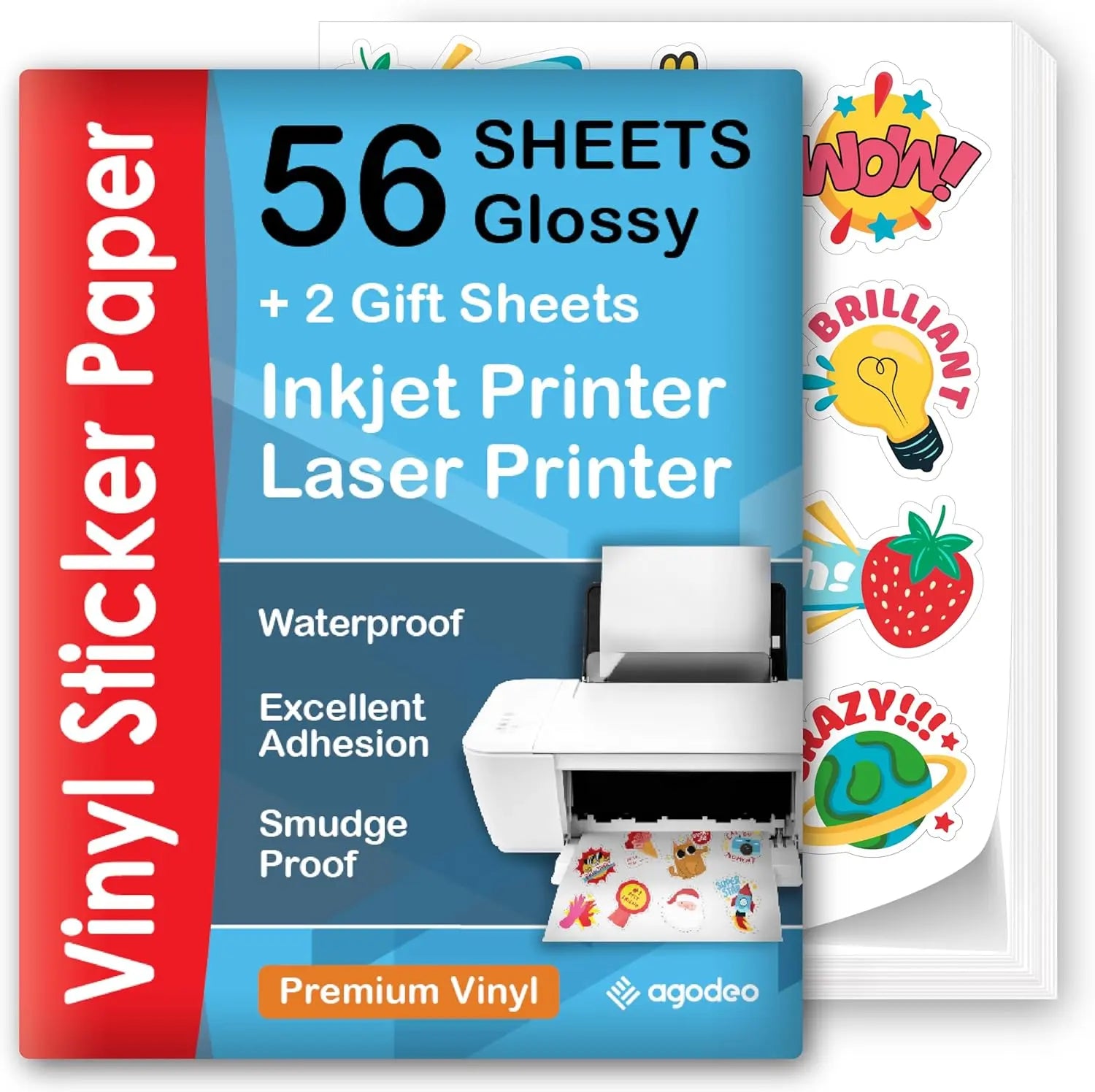 Premium Printable Vinyl Sticker Paper for Inkjet Printer - Glossy - US Letter Size Agodeo