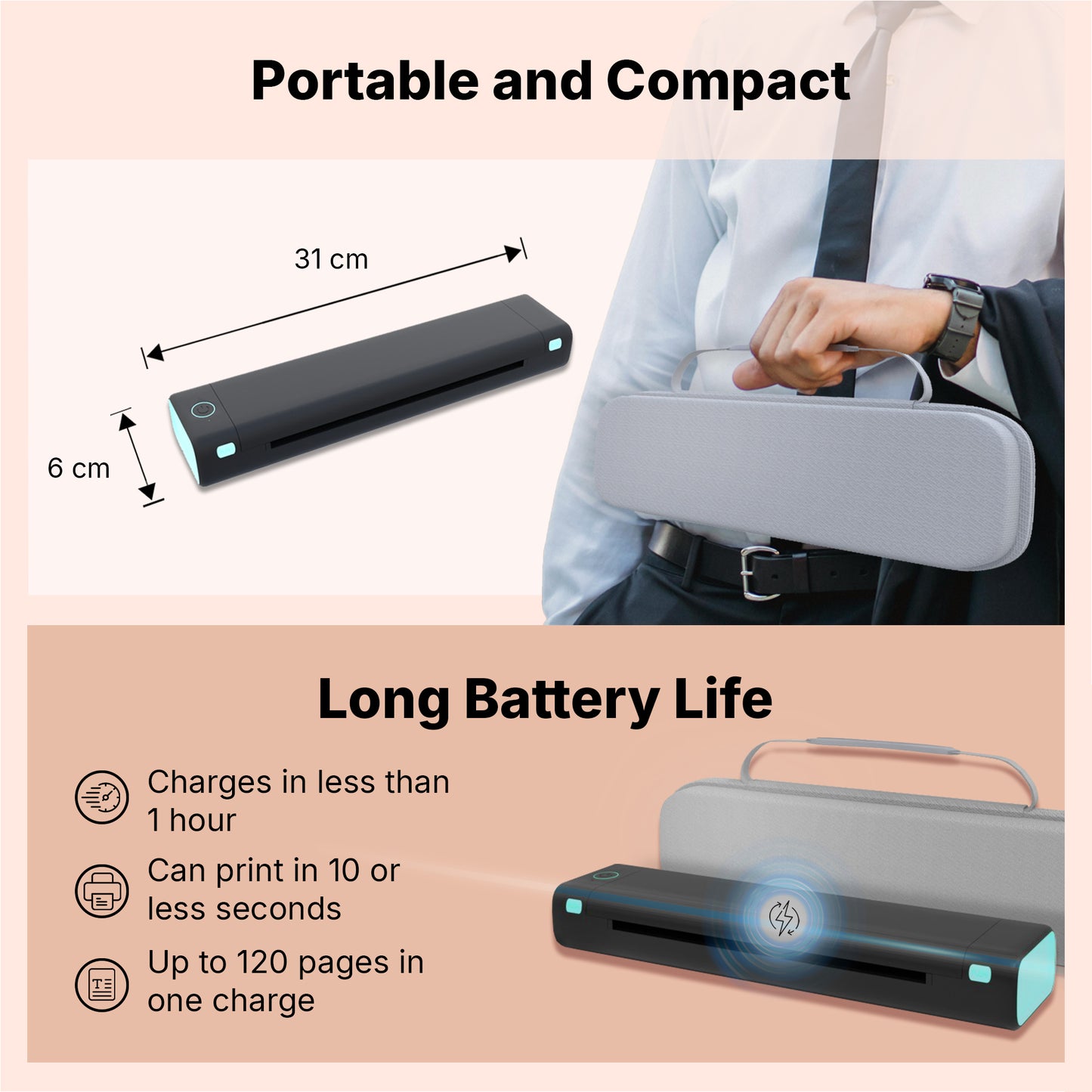 Portable A4 Thermal Printer - Wireless, Ink-Free, with 110 Sheets & Carrying Bag