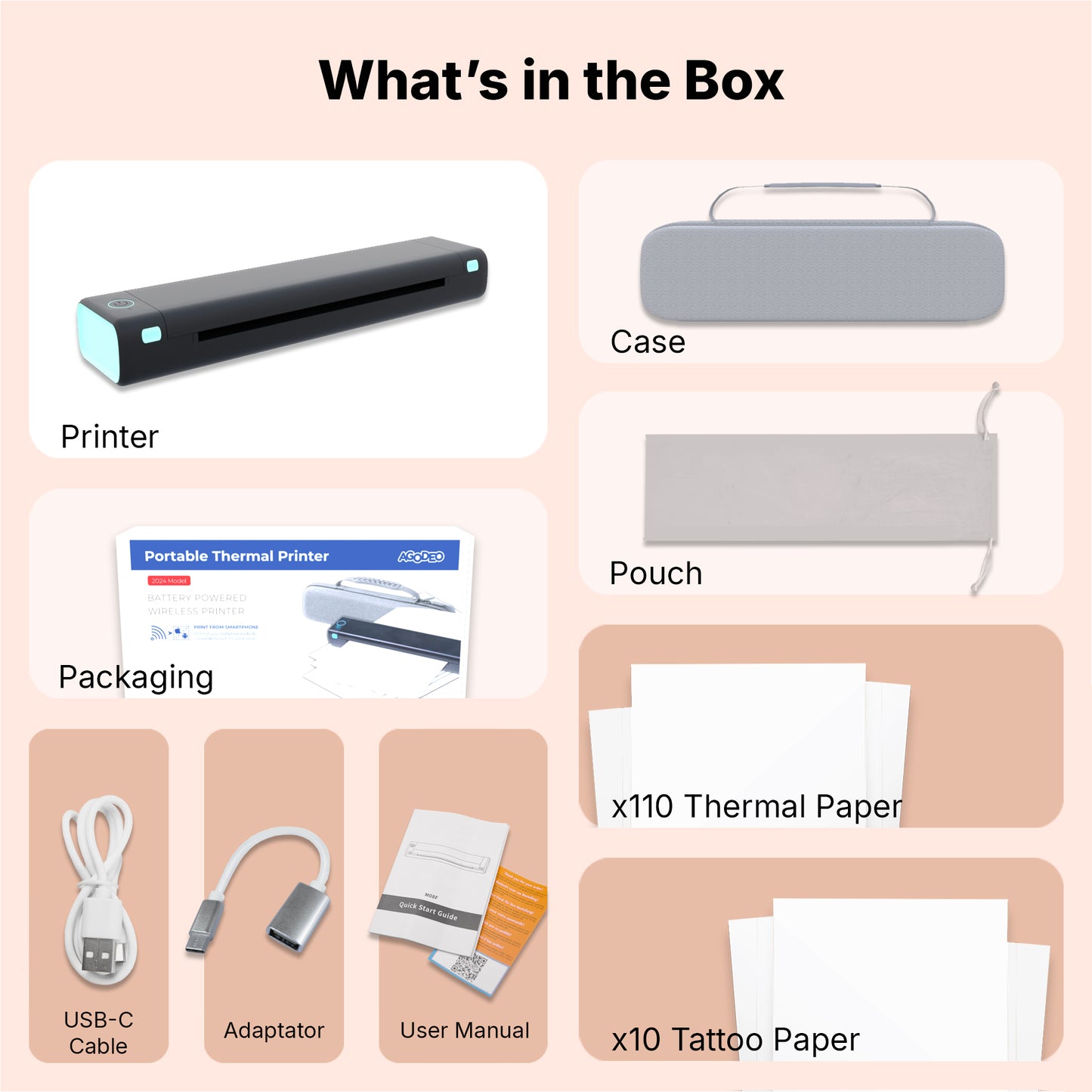 Portable A4 Thermal Printer - Wireless, Ink-Free, with 110 Sheets & Carrying Bag